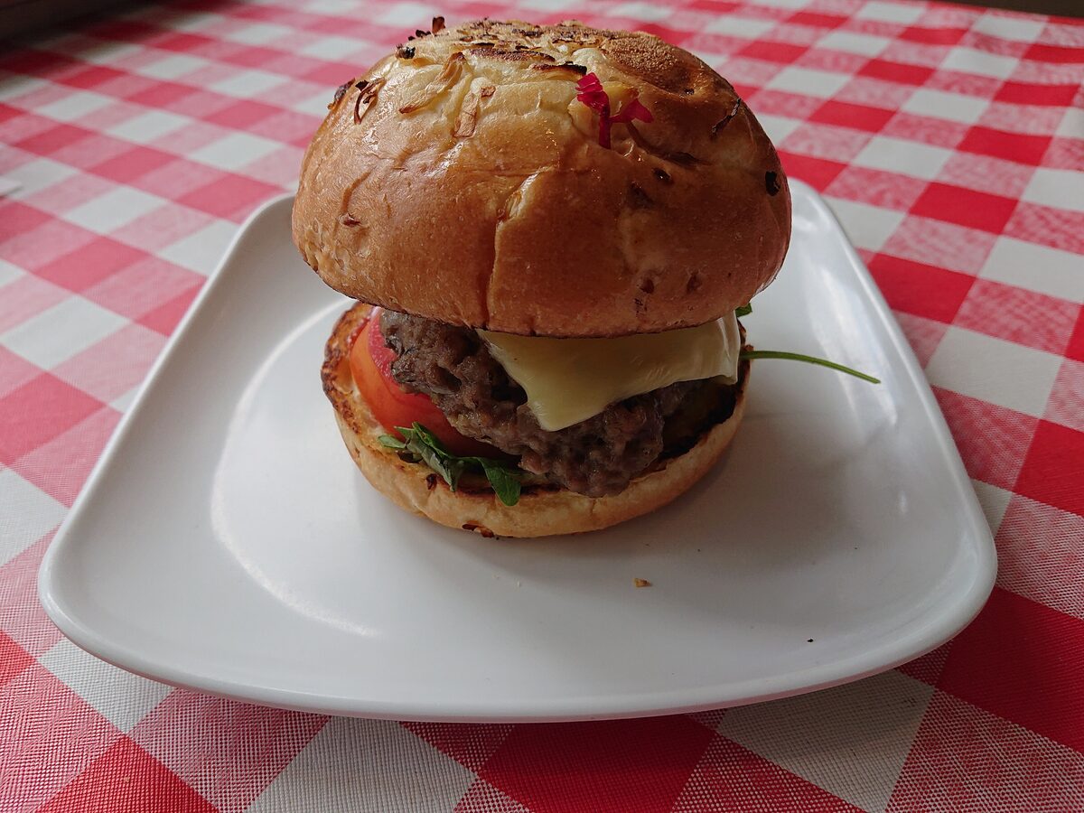 A cheeseburger with tomato and a seeded bun on a white plate over a checked tablecloth
