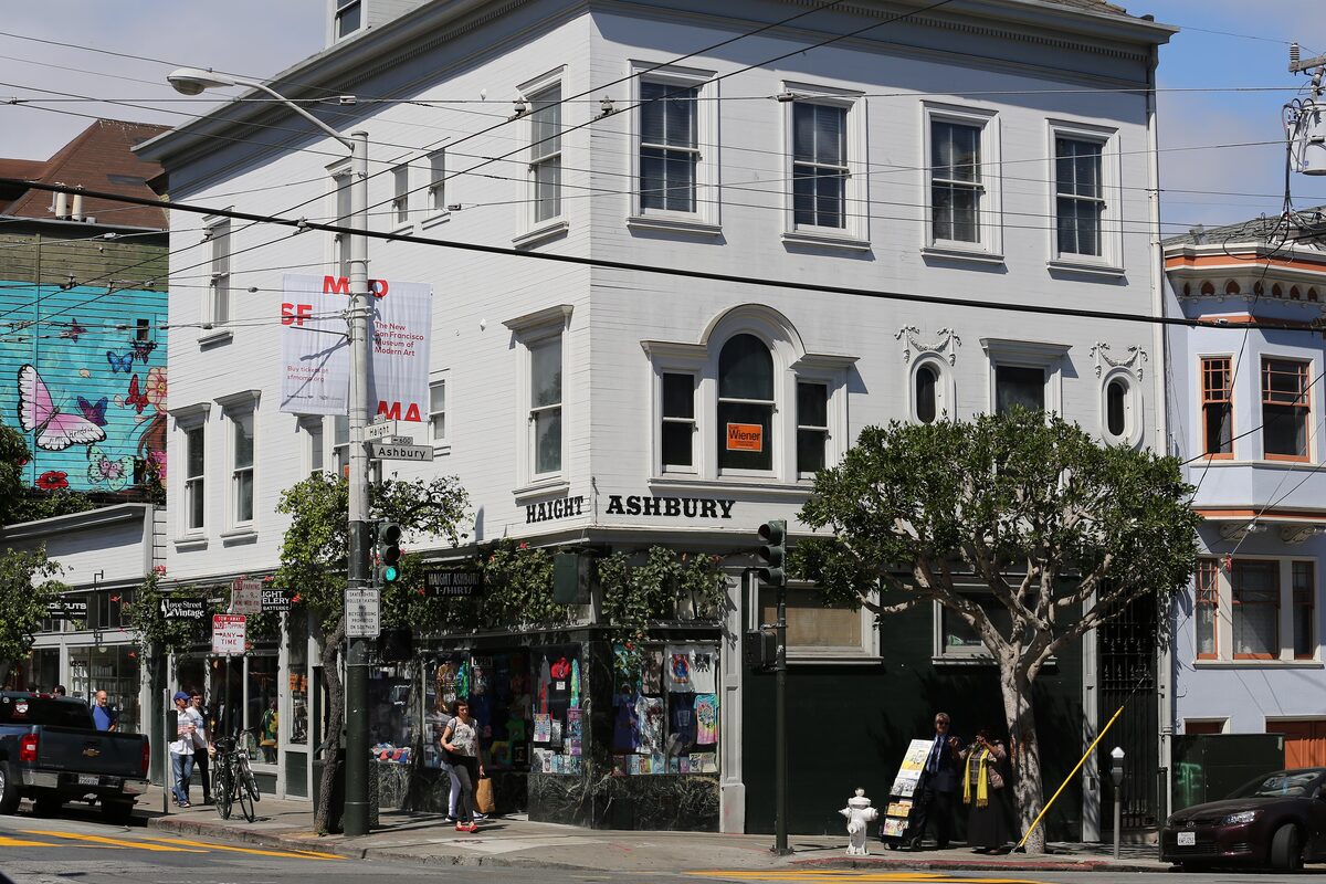 The corner of Haight and Ashbury streets, with shops and colorful murals on the buildings