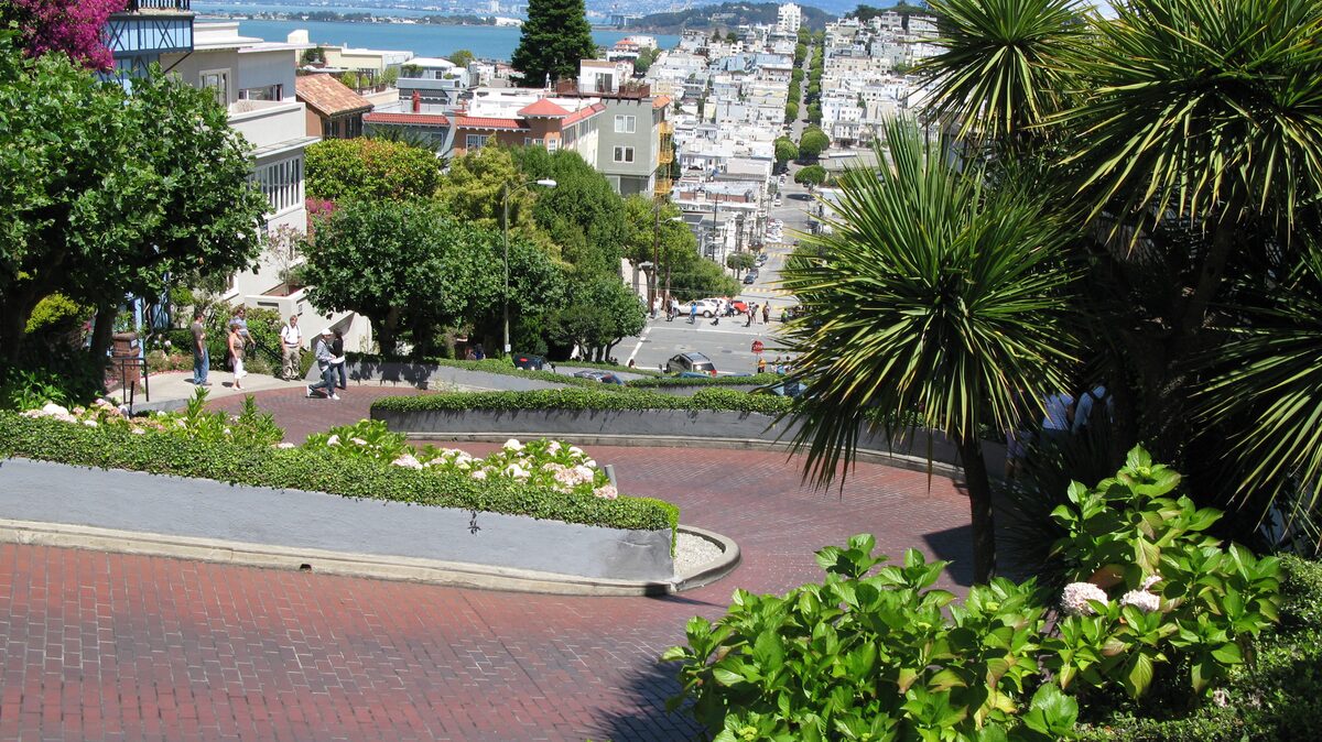 The crooked block of Lombard Street, a brick road of tight hairpin bends lined with flowers