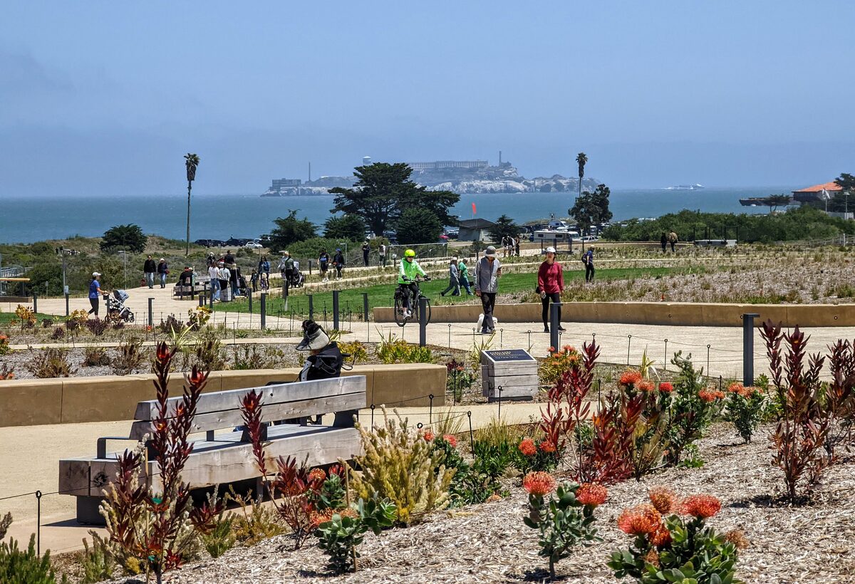 Walkers on the paths and native plantings of Tunnel Tops park, with Alcatraz Island far off across the bay