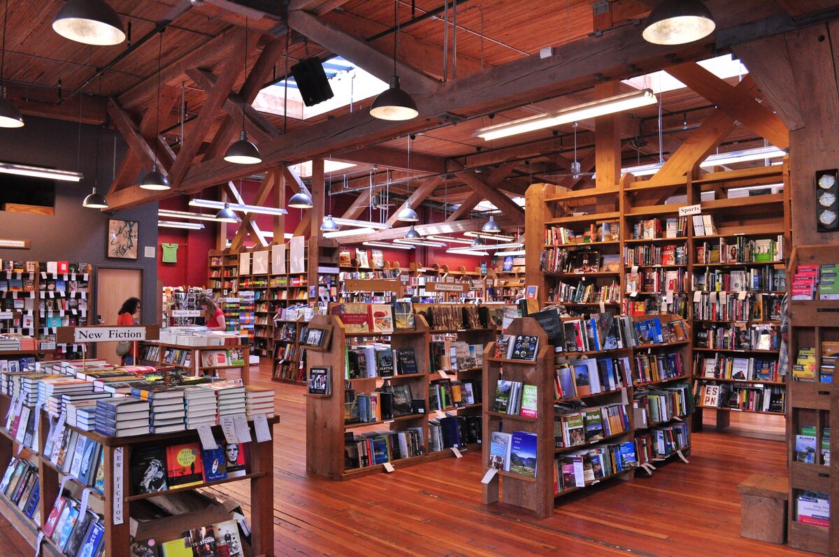Wooden shelves and beams inside Elliott Bay Book Company