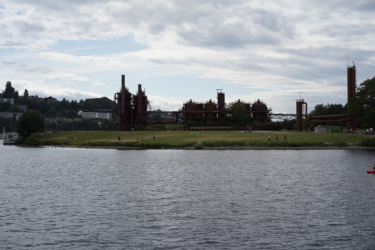 Rusting towers of Gas Works Park across Lake Union