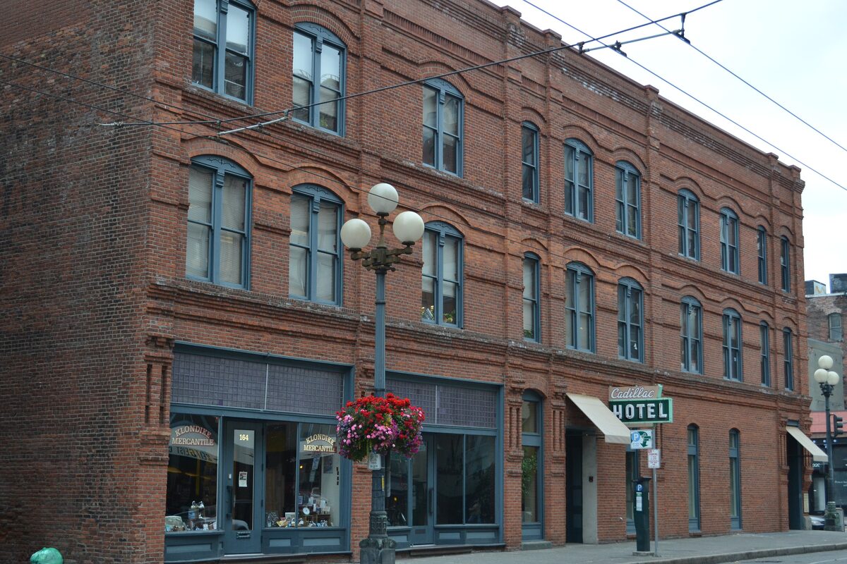 Red-brick Cadillac Hotel building in Pioneer Square, home of the Klondike park