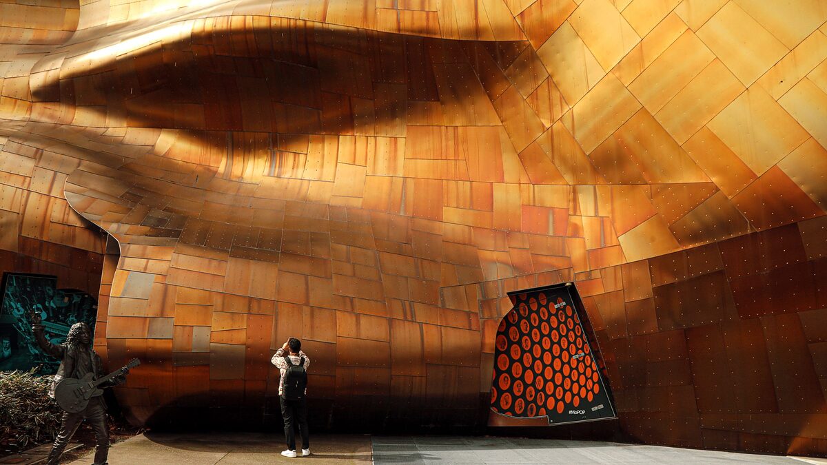 Gehry's copper-toned curved walls of the Museum of Pop Culture