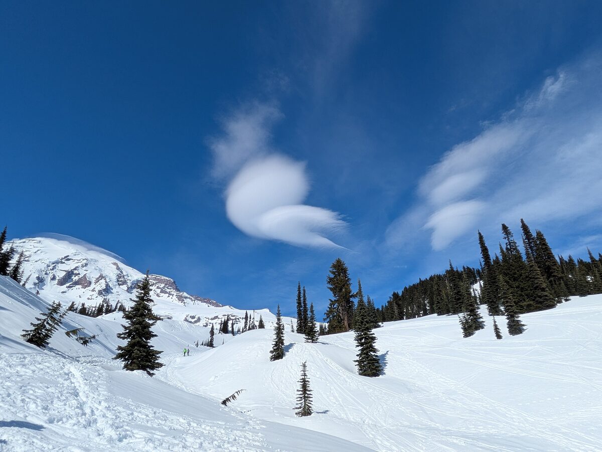 Snow-covered slopes below Mount Rainier at Paradise in spring