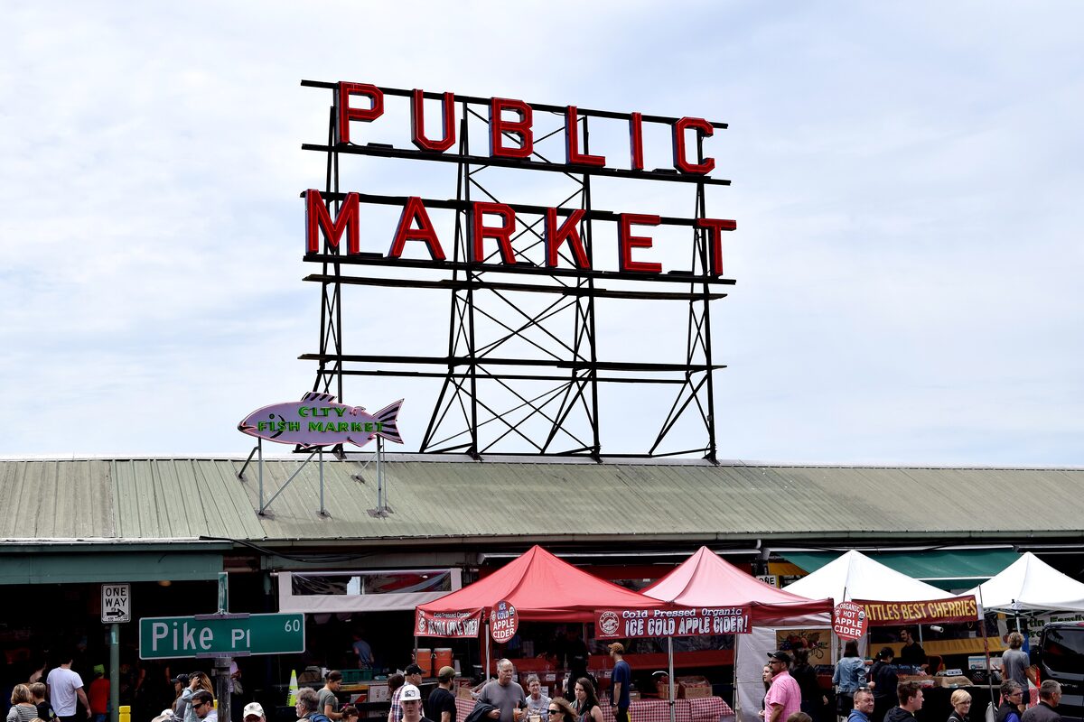 The Public Market sign above Pike Place Market's stalls