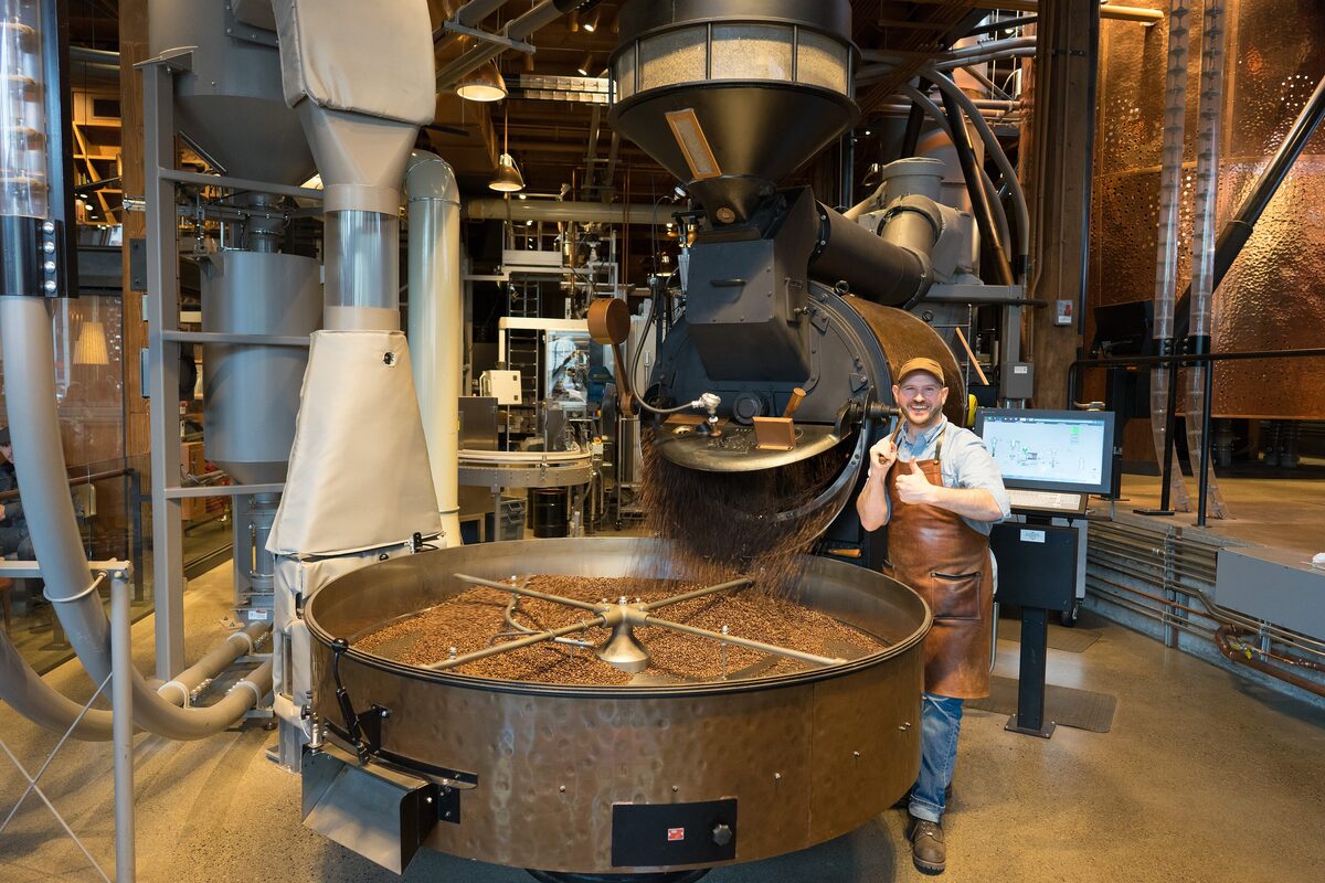Giant copper roasting drum inside the Starbucks Reserve Roastery