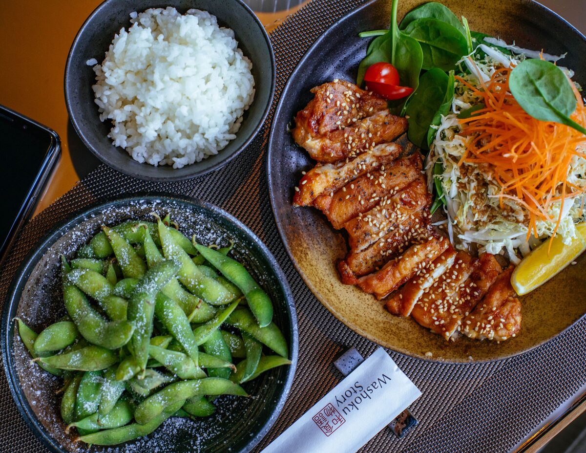 Glazed teriyaki chicken with rice, edamame and shredded salad