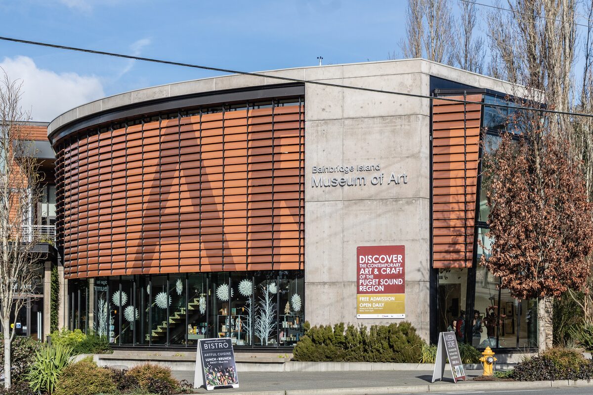 Curved copper-clad facade of the Bainbridge Island Museum of Art