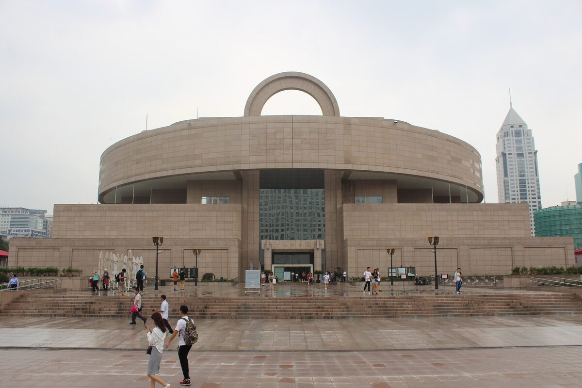 The round-topped Shanghai Museum with its arched crown, seen across the forecourt on People's Square