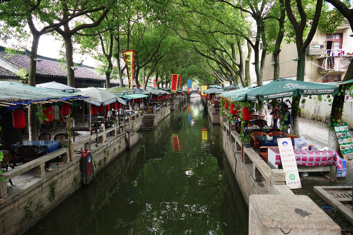A canal in Tongli lined with plane trees and open-air tables along the stone embankment