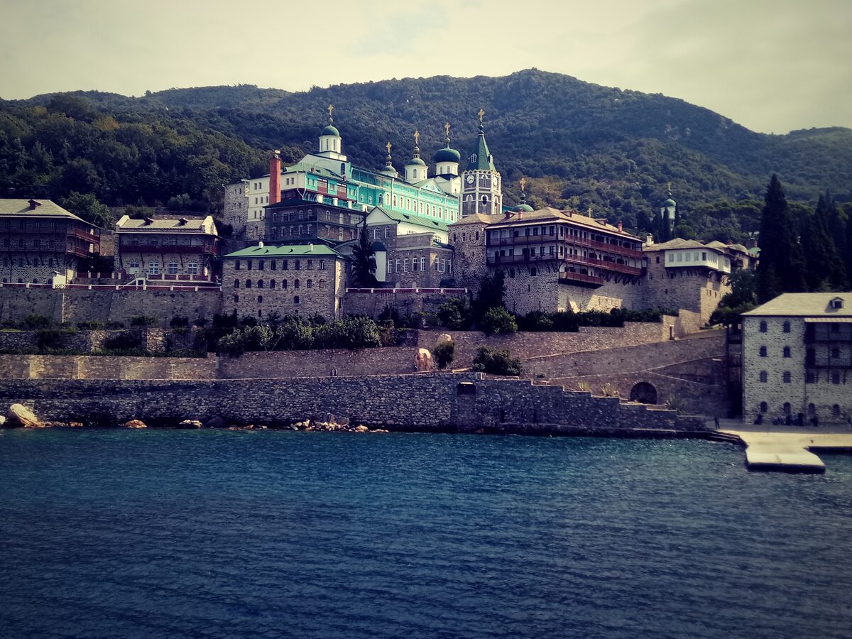 St Panteleimon, the Russian monastery on the Mount Athos coast, seen from the water