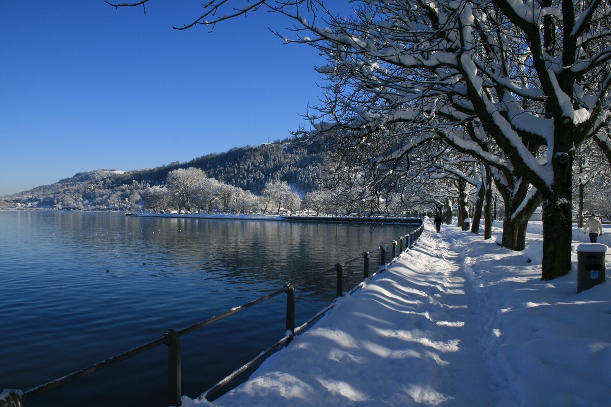 The lakeside path in Bregenz under snow, with the water of Lake Constance beside it