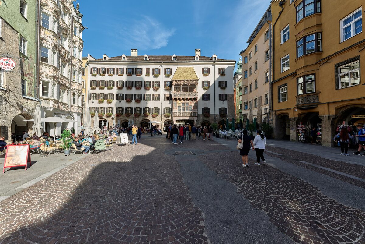 The Golden Roof, a gilded balcony on a yellow facade in the old town of Innsbruck