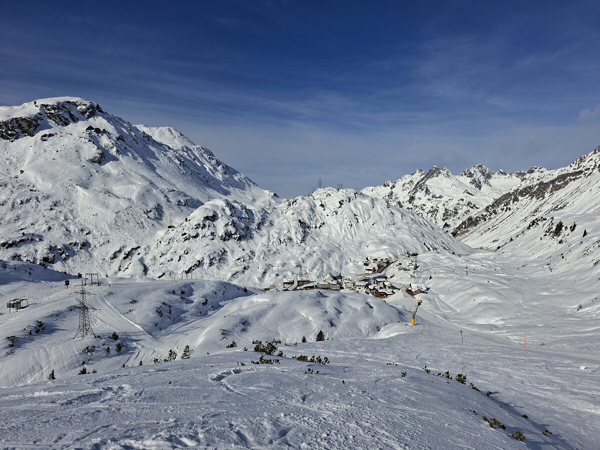 Ski slopes and lifts in snow above St. Christoph am Arlberg