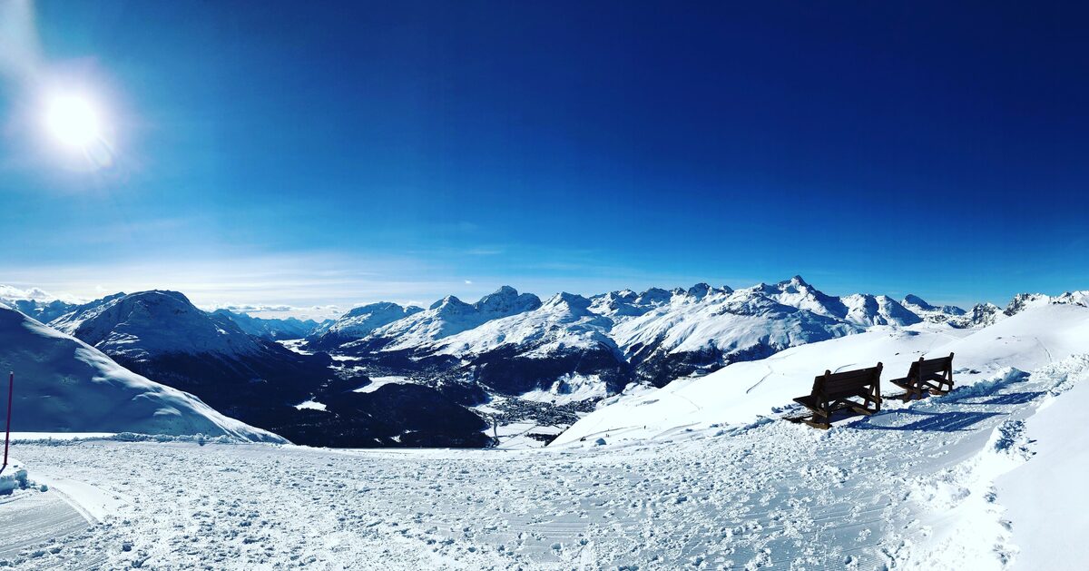 Snowy panorama from Muottas Muragl over the Engadin peaks