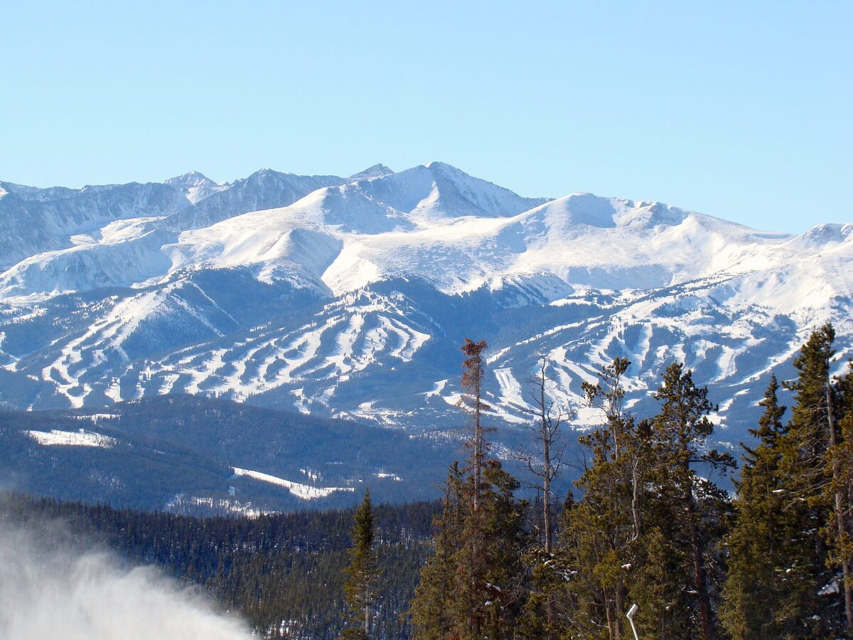 The Tenmile Range above Breckenridge with ski runs cut into snowy slopes