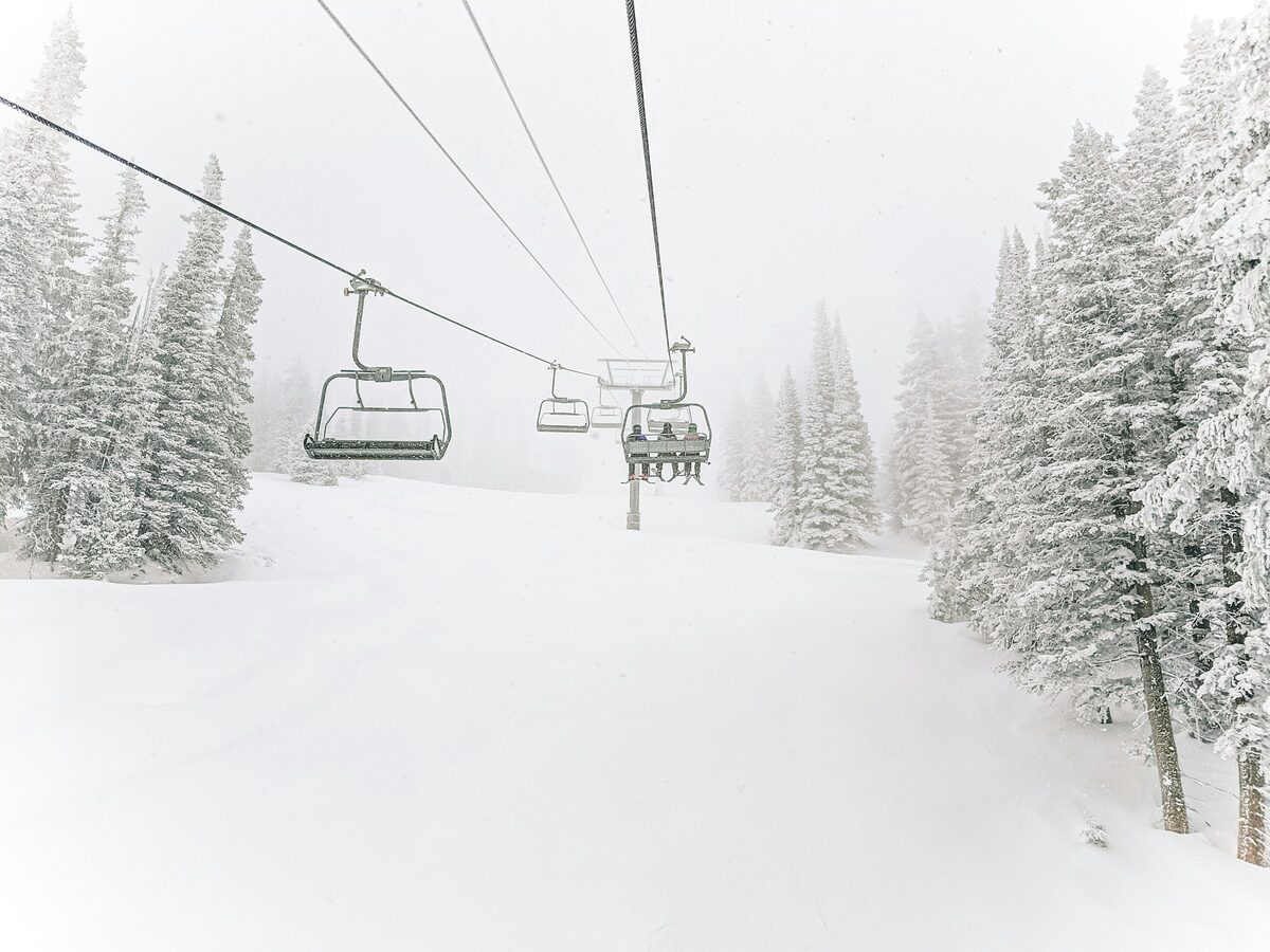 A chairlift line over snow-laden spruce trees on a Steamboat ski run