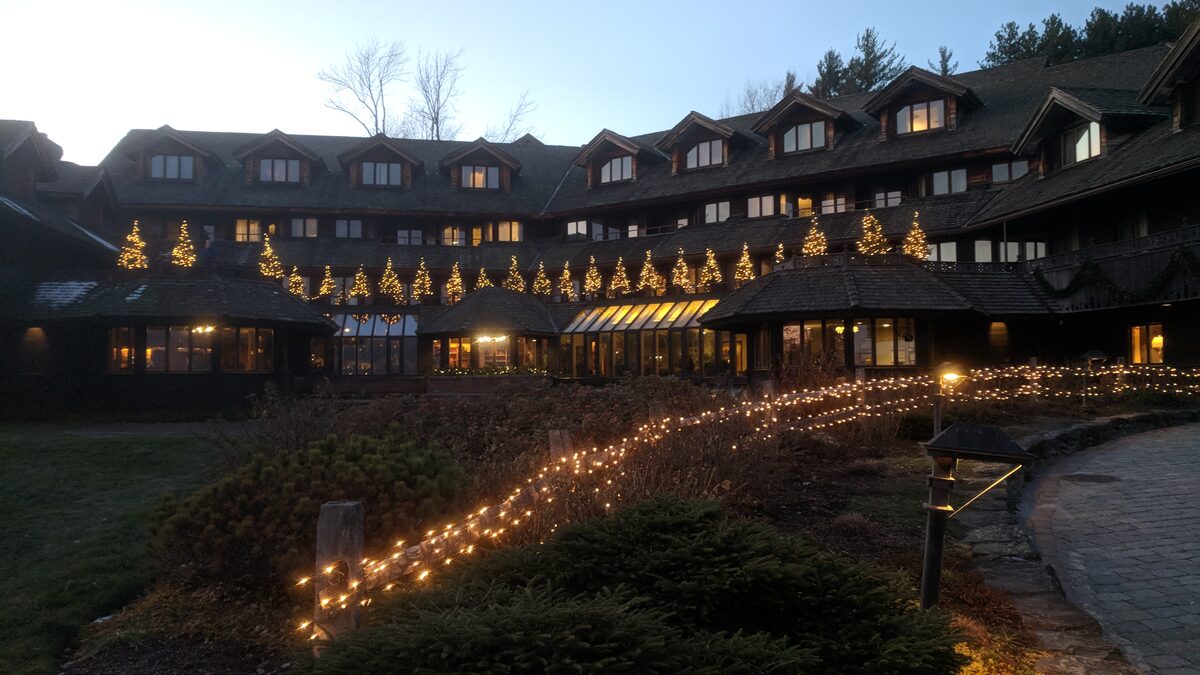 Trapp Family Lodge lit with Christmas lights at dusk
