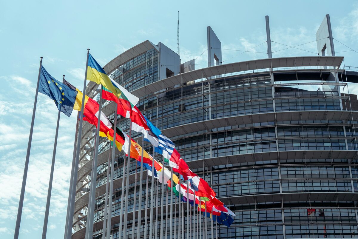 Flags of the member states flying in front of the curved, glass-fronted European Parliament building under a pale sky