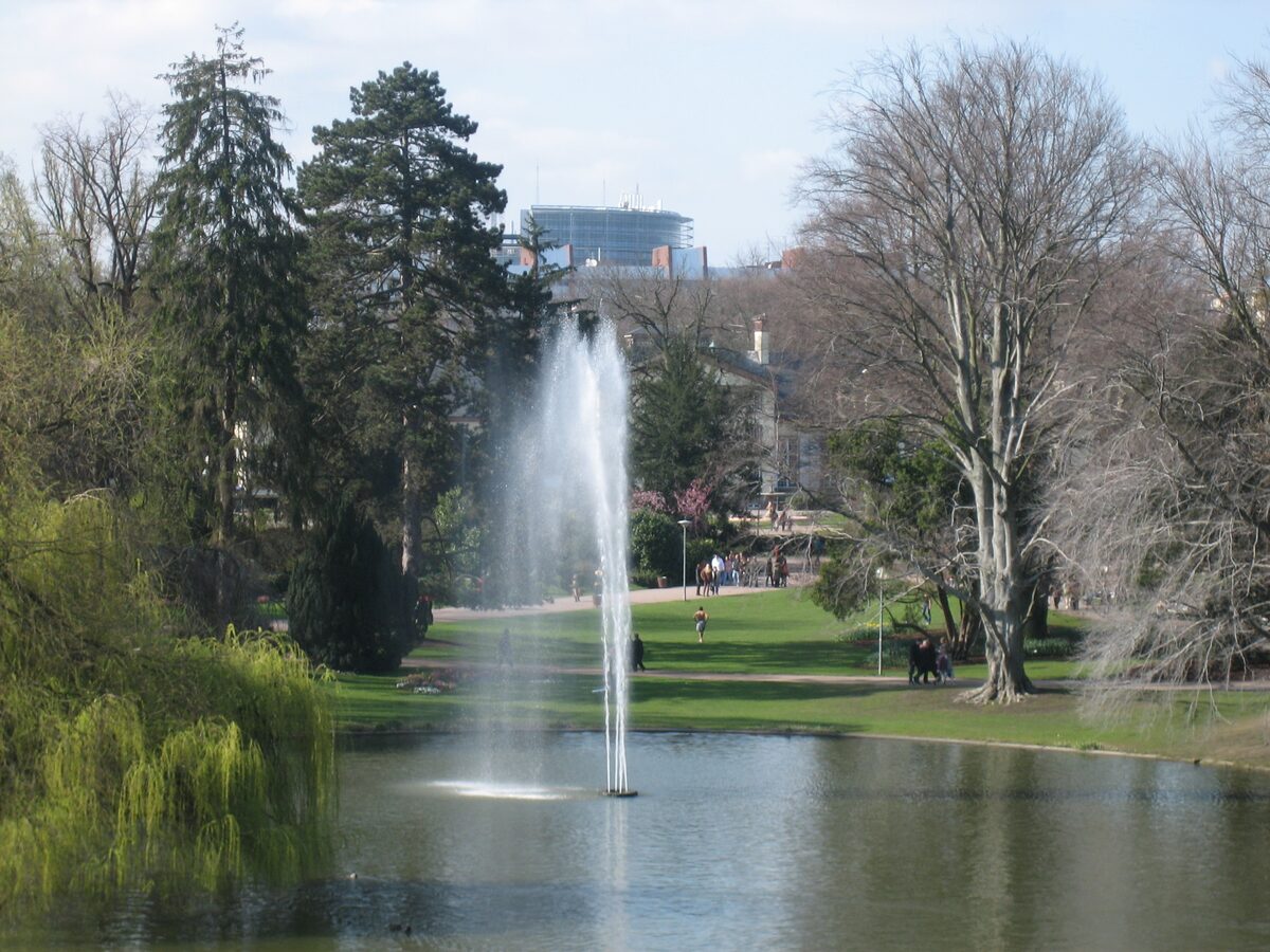 A fountain jet rising from the lake of the Parc de l'Orangerie, with bare trees and lawns around the water