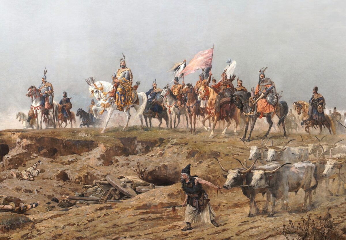 Detail of the Feszty Panorama: Árpád on a white horse leads his mounted chieftains under a red banner, above a herdsman driving grey cattle