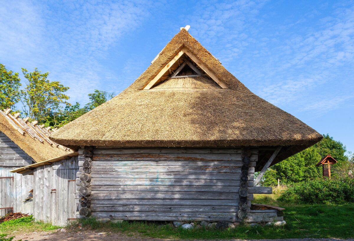 A log fishing shed with a steep thatched roof at Altja on a sunny day