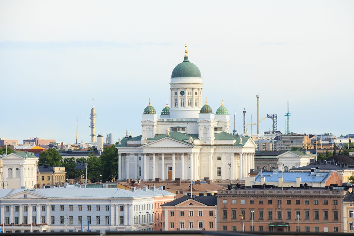 The white Lutheran cathedral of Helsinki and the harbour front, seen from the ferry terminal