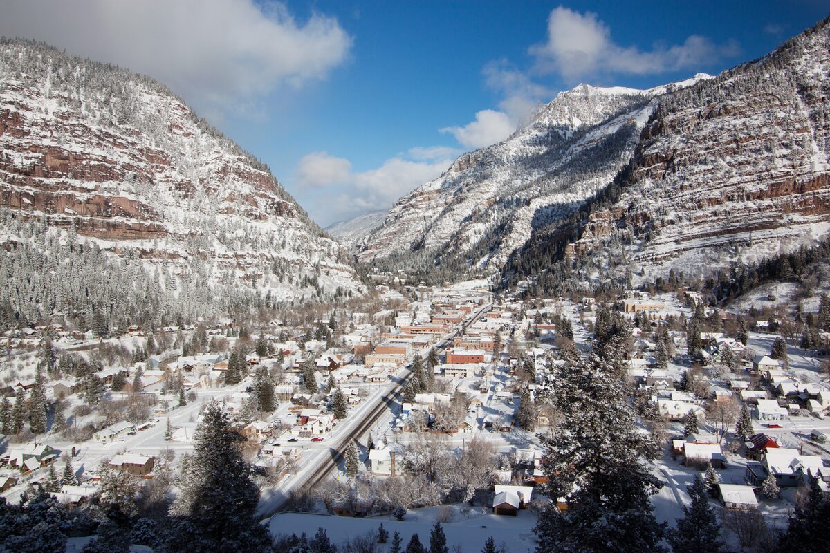 Ouray after an overnight snowfall, seen from above its canyon walls