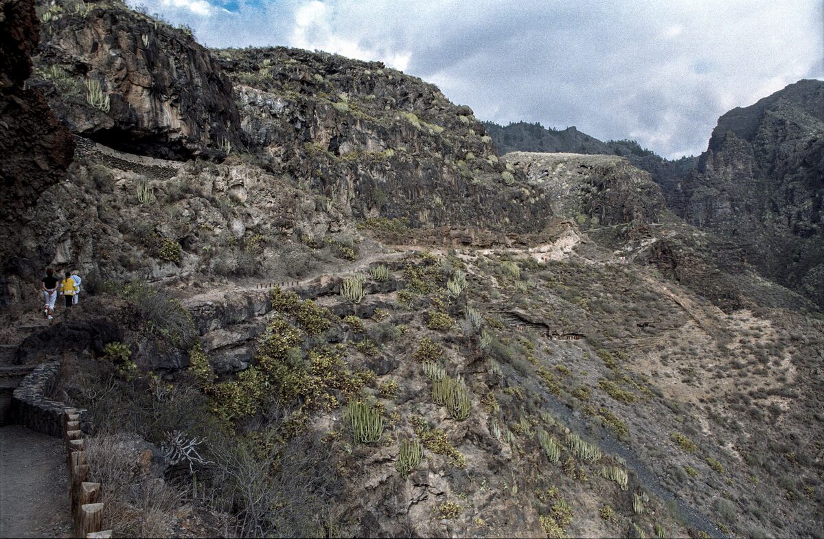 The narrow trail cut into the rock wall of the Barranco del Infierno, with hikers on it
