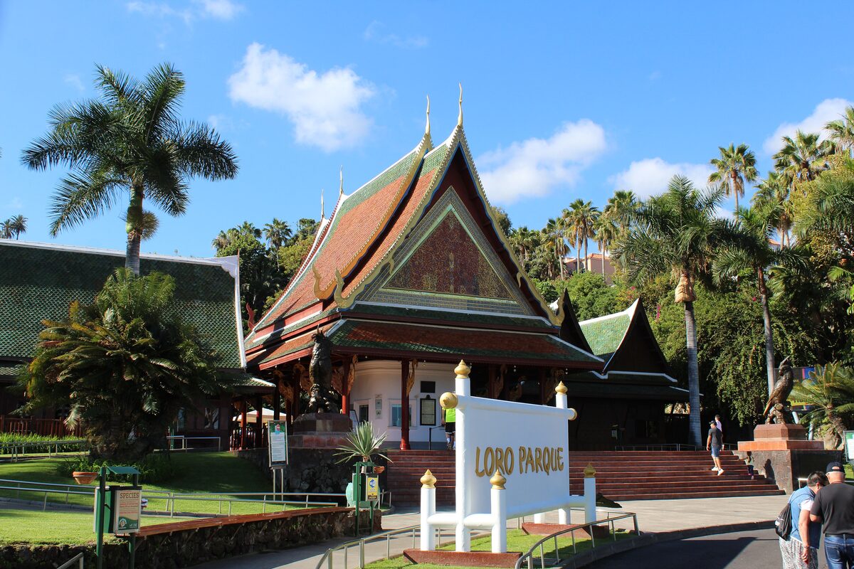 The Thai-style entrance pavilion of Loro Parque among palms, with the park sign in front