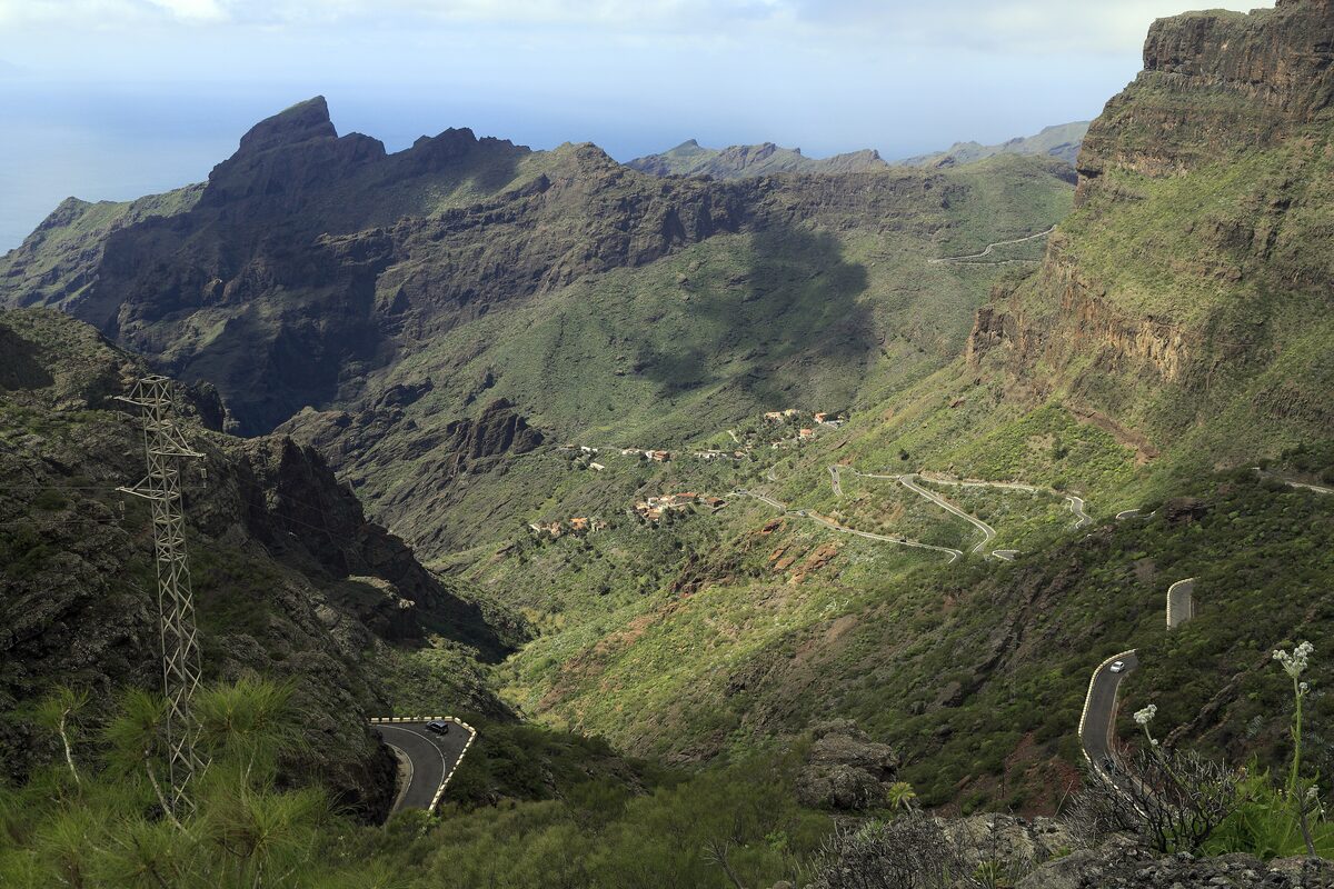The road switchbacks and ridges of the Masca gorge, seen from above