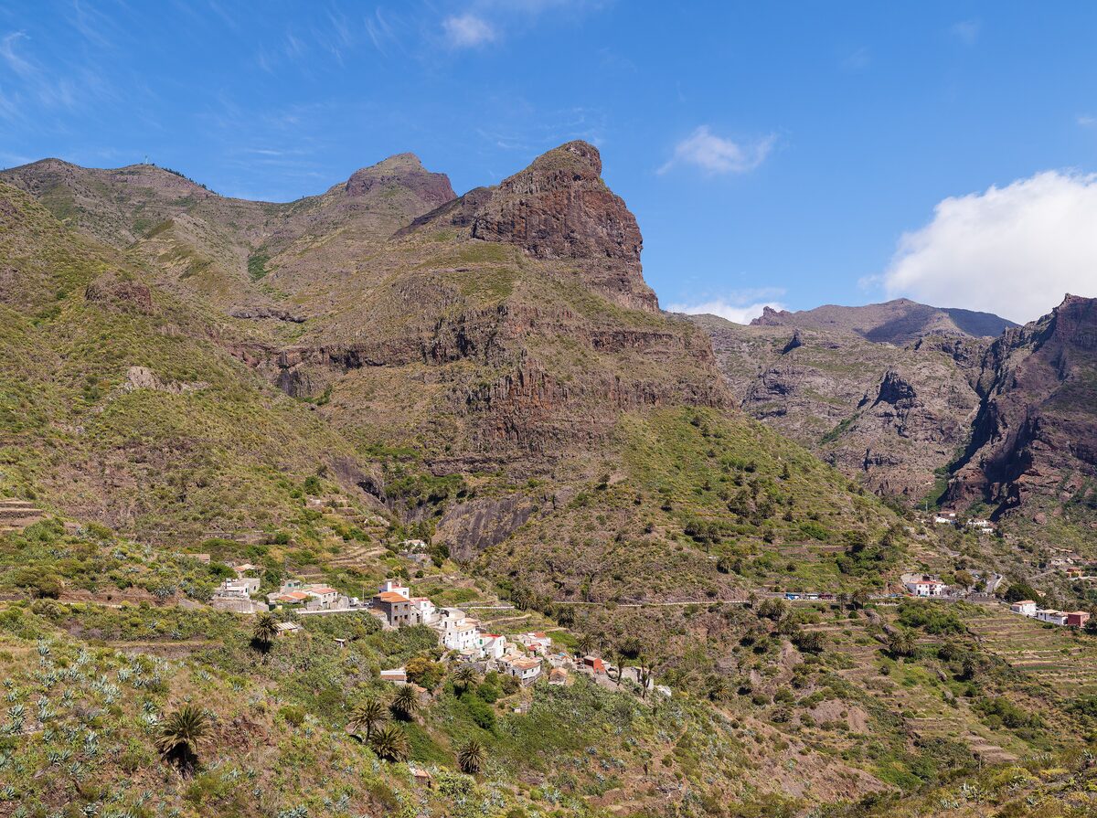 Masca village at the bottom of its gorge, with white houses among the terraces