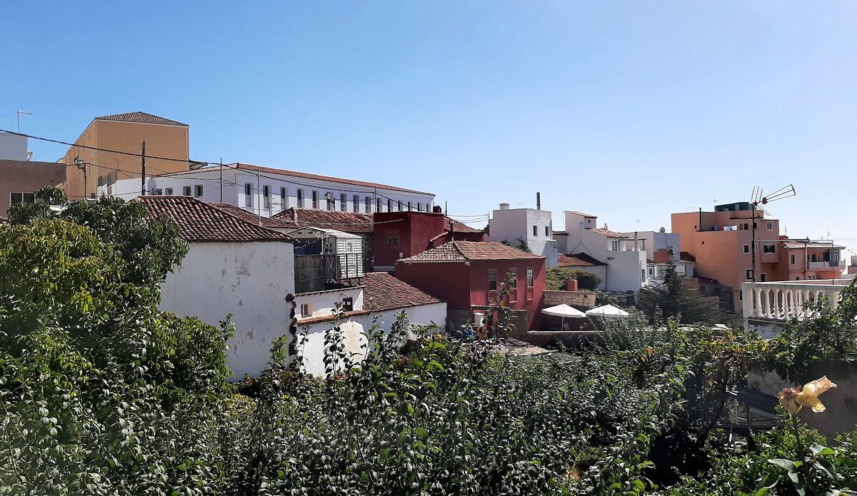 Rooftops and houses of Vilaflor above green gardens under a blue sky