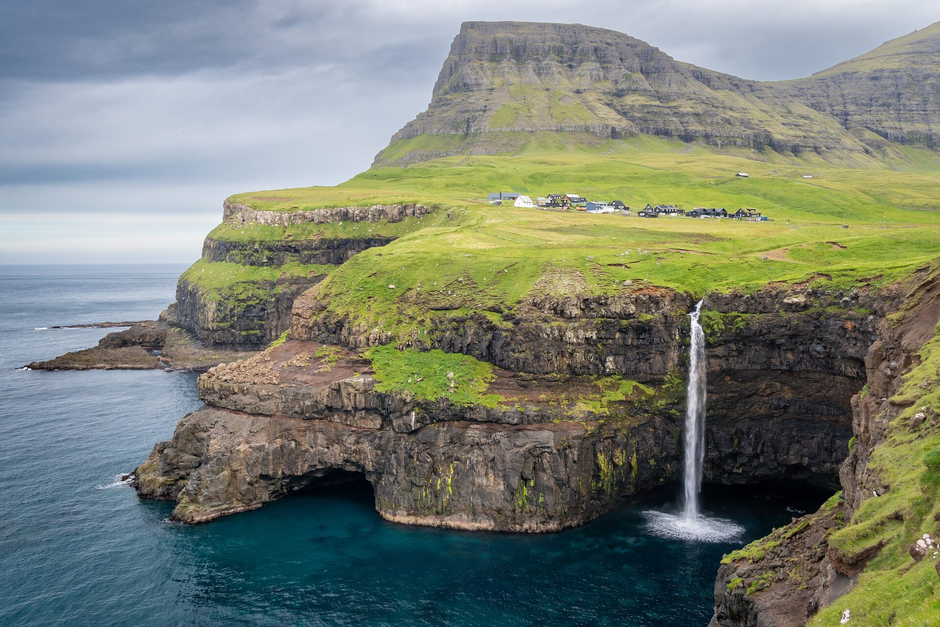 The Múlafossur waterfall dropping off a green cliff into the sea below the village of Gásadalur on Vágar