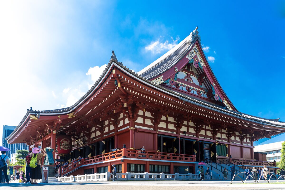 The Main Hall of Senso-ji in Asakusa under a blue sky, with its red and gold roofline
