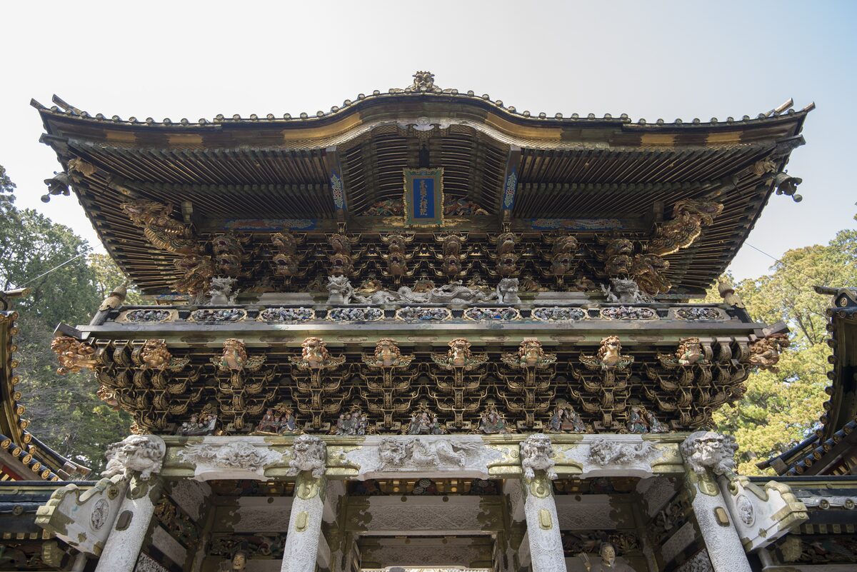 The Yomeimon gate of Nikko Toshogu, its roof and carved details seen close up