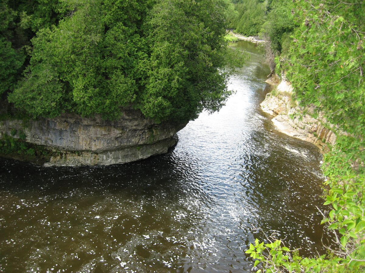 The Grand River winding through the wooded limestone Elora Gorge