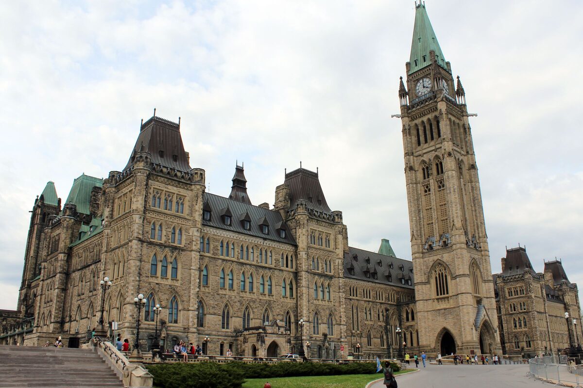 The Gothic Revival Parliament buildings and Peace Tower on Parliament Hill in Ottawa