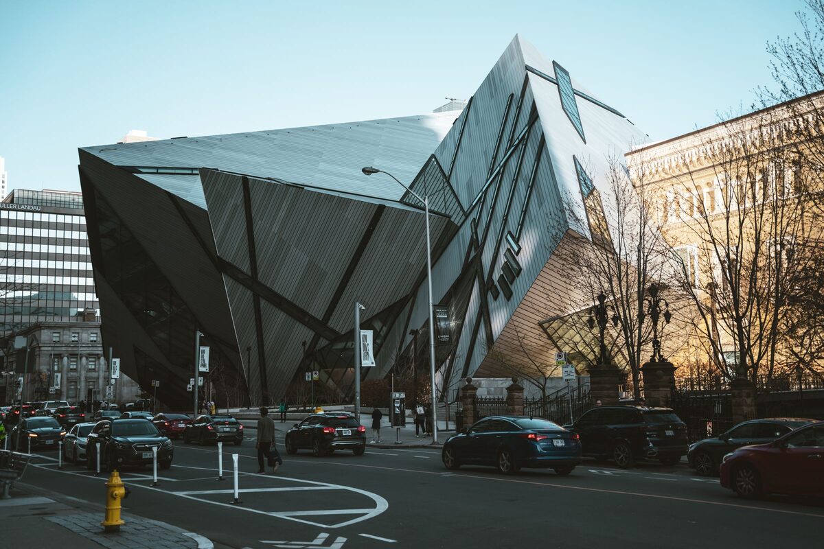 The angular glass and metal Michael Lee-Chin Crystal of the Royal Ontario Museum seen from the street