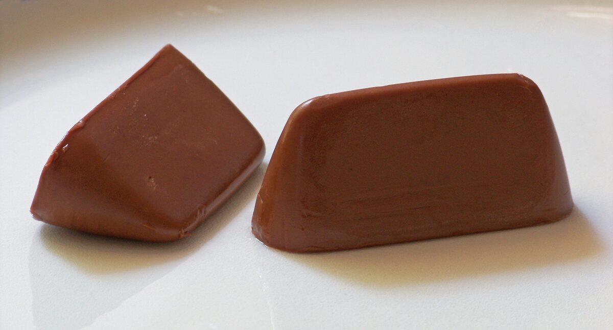 Two brown gianduiotto chocolates on a white plate