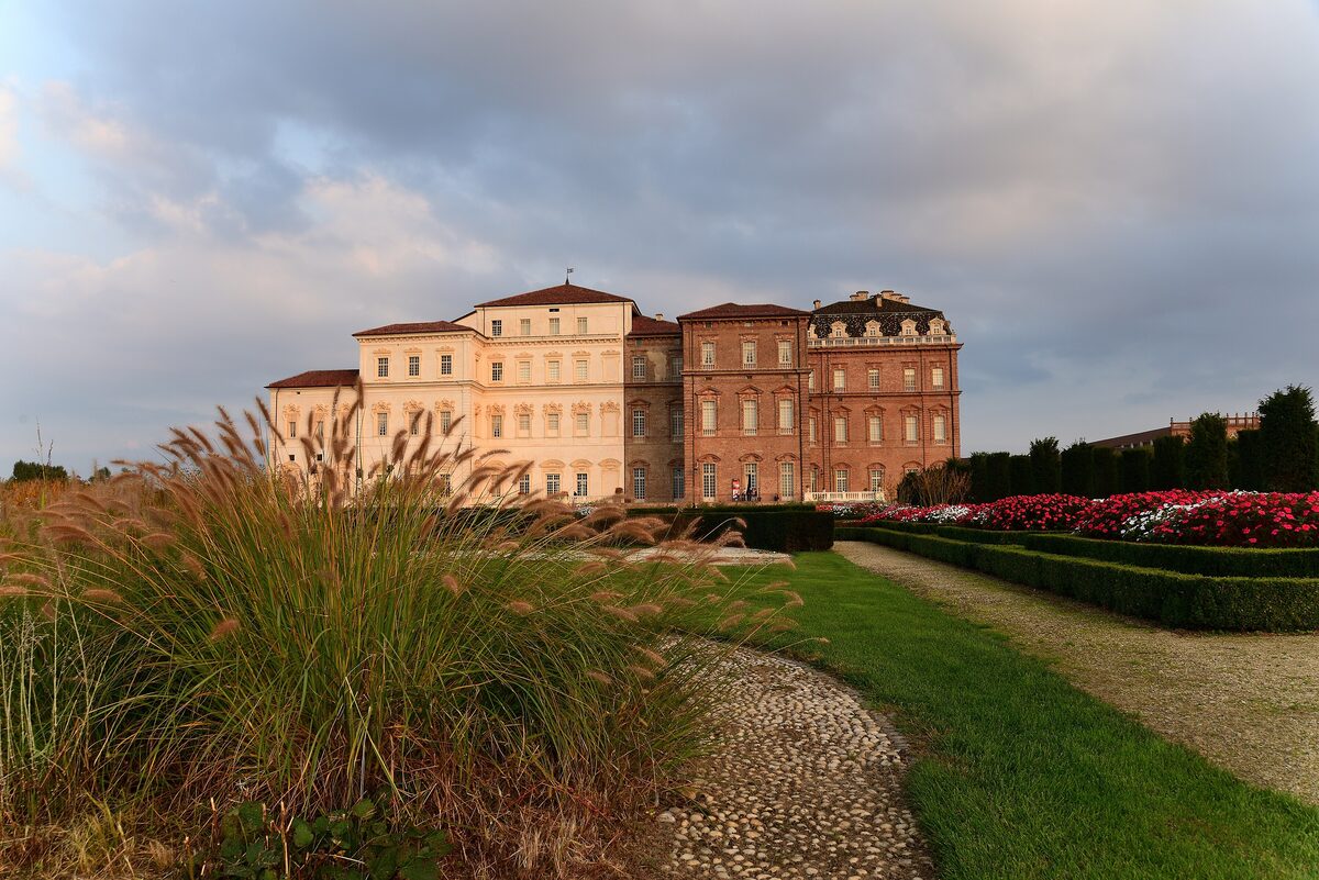 Ornamental grasses and hedged flower beds in front of the Reggia