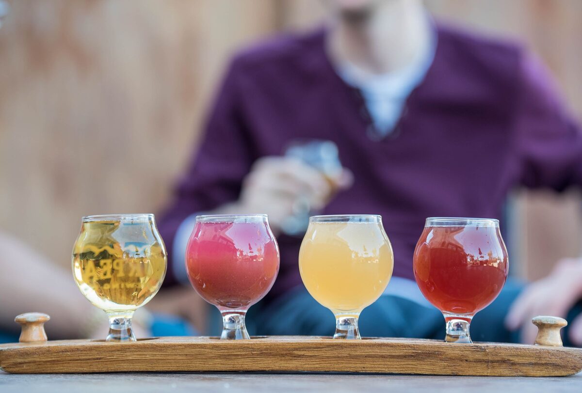 A flight of four craft beers in tasting glasses on a wooden paddle, in pale gold, pink, cloudy yellow and red