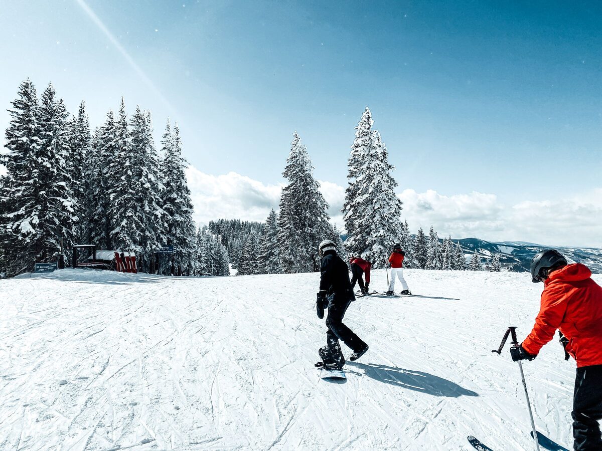 Skiers and a snowboarder on a groomed, sunny run on Vail Mountain, with snow-covered spruce trees behind