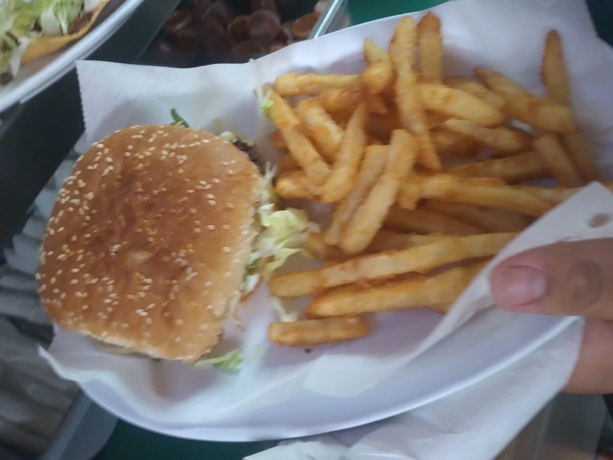 A hamburger on a sesame bun with a pile of fries on a paper-lined plate