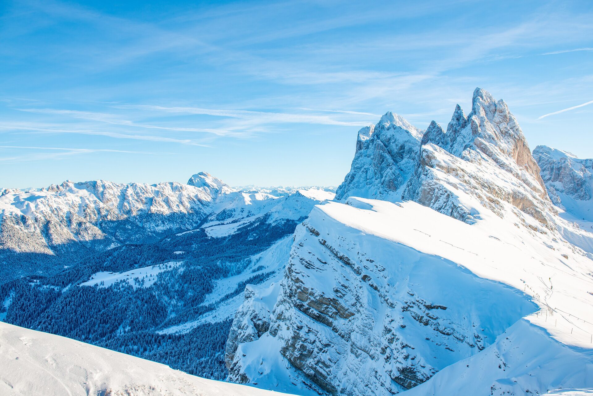 The snow-covered Odle peaks and the Seceda ridge in winter, with the forested valleys of Val Gardena far below