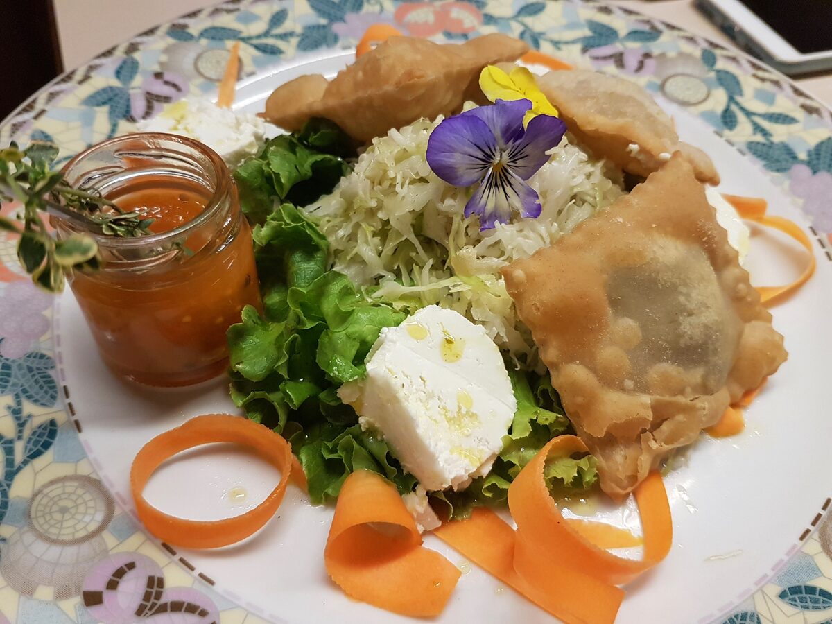 Fried South Tyrolean pockets, tirtln, on a plate with white cabbage salad, goat cheese and apricot chutney