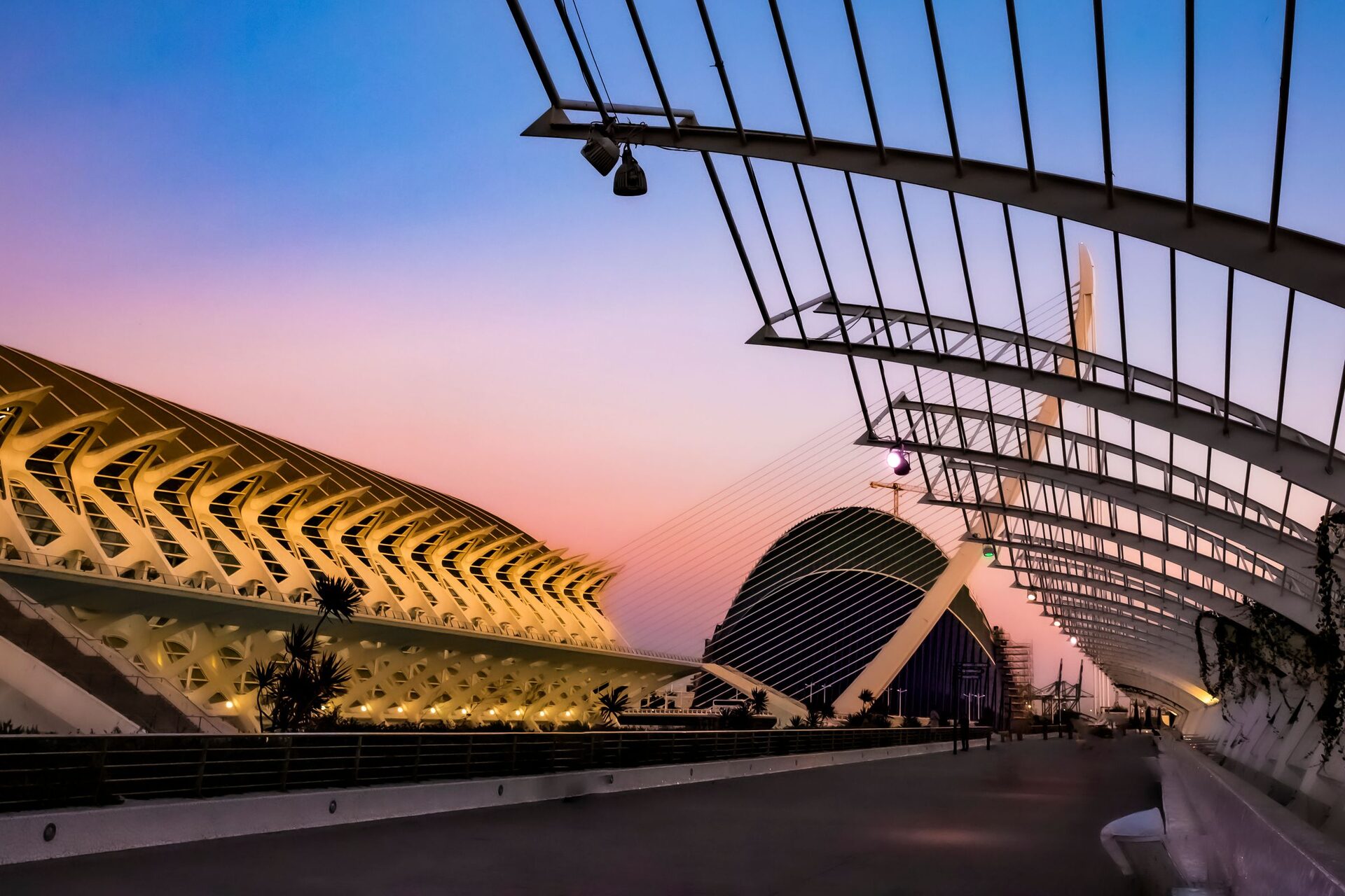 The white ribbed arches of the City of Arts and Sciences and the dome of the Hemisfèric lit up at sunset under a pink and blue sky