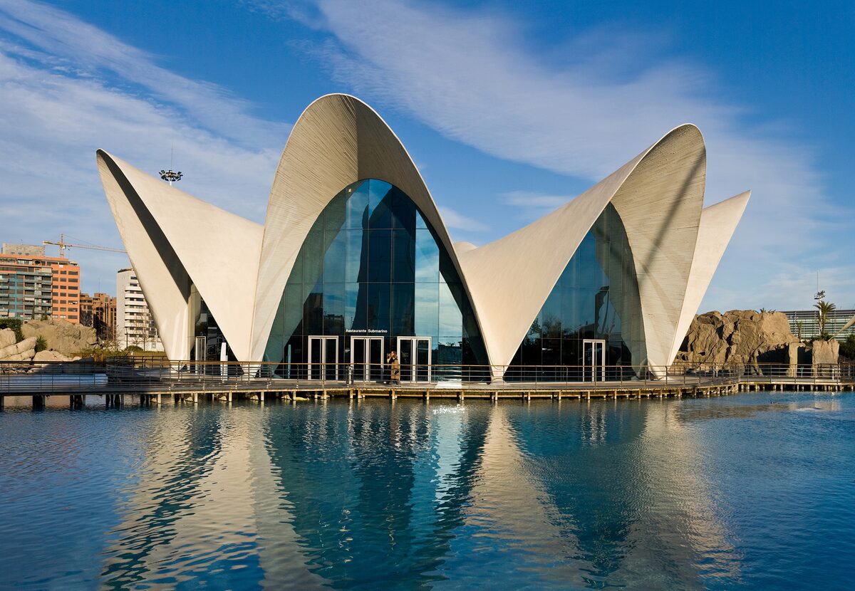 The white curving roof of the Oceanogràfic's main building, shaped like a water lily, reflected in a pool
