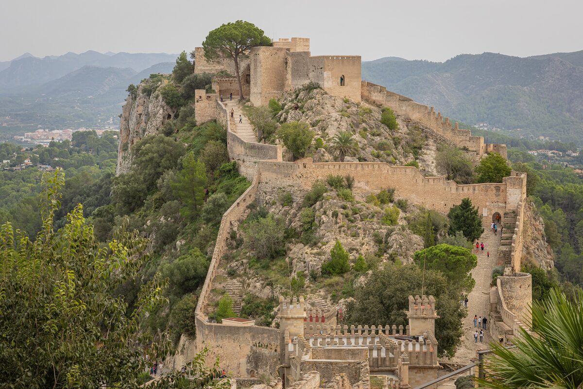 The walls and towers of Xàtiva castle running along a green mountain ridge, with hills and the plain beyond